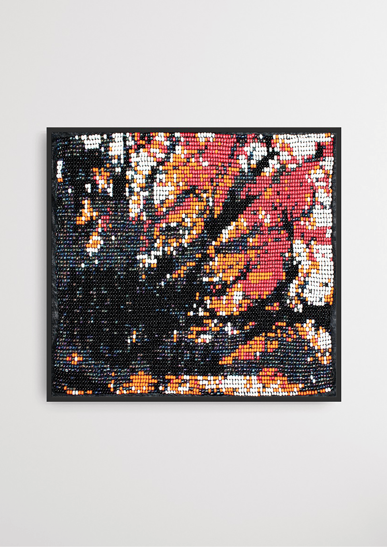 Framed abstract multi-color scattered glass bead artwork, vibrant handwoven Gujarati beadwork wall decor.