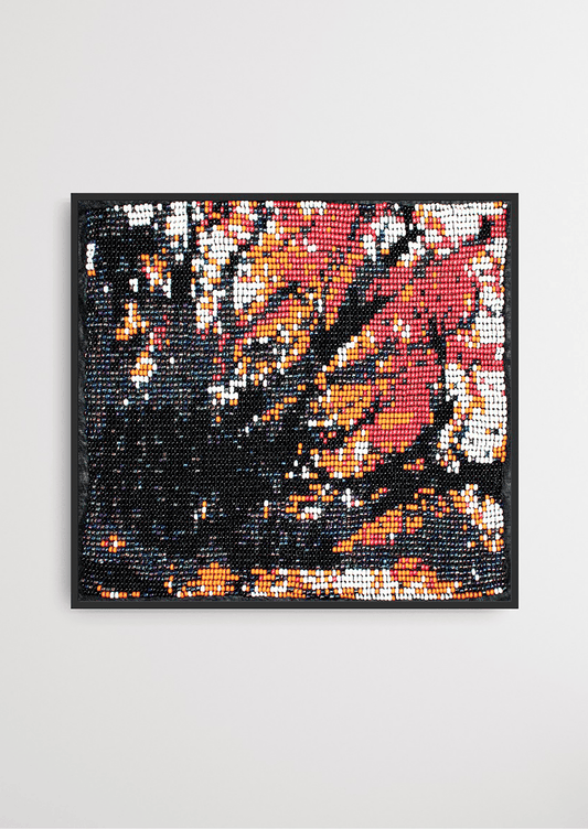 Framed abstract multi-color scattered glass bead artwork, vibrant handwoven Gujarati beadwork wall decor.
