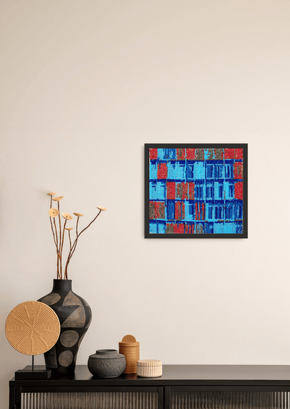 Handwoven blue glass bead portals stitched on cotton, traditional Indian heirloom wall art.