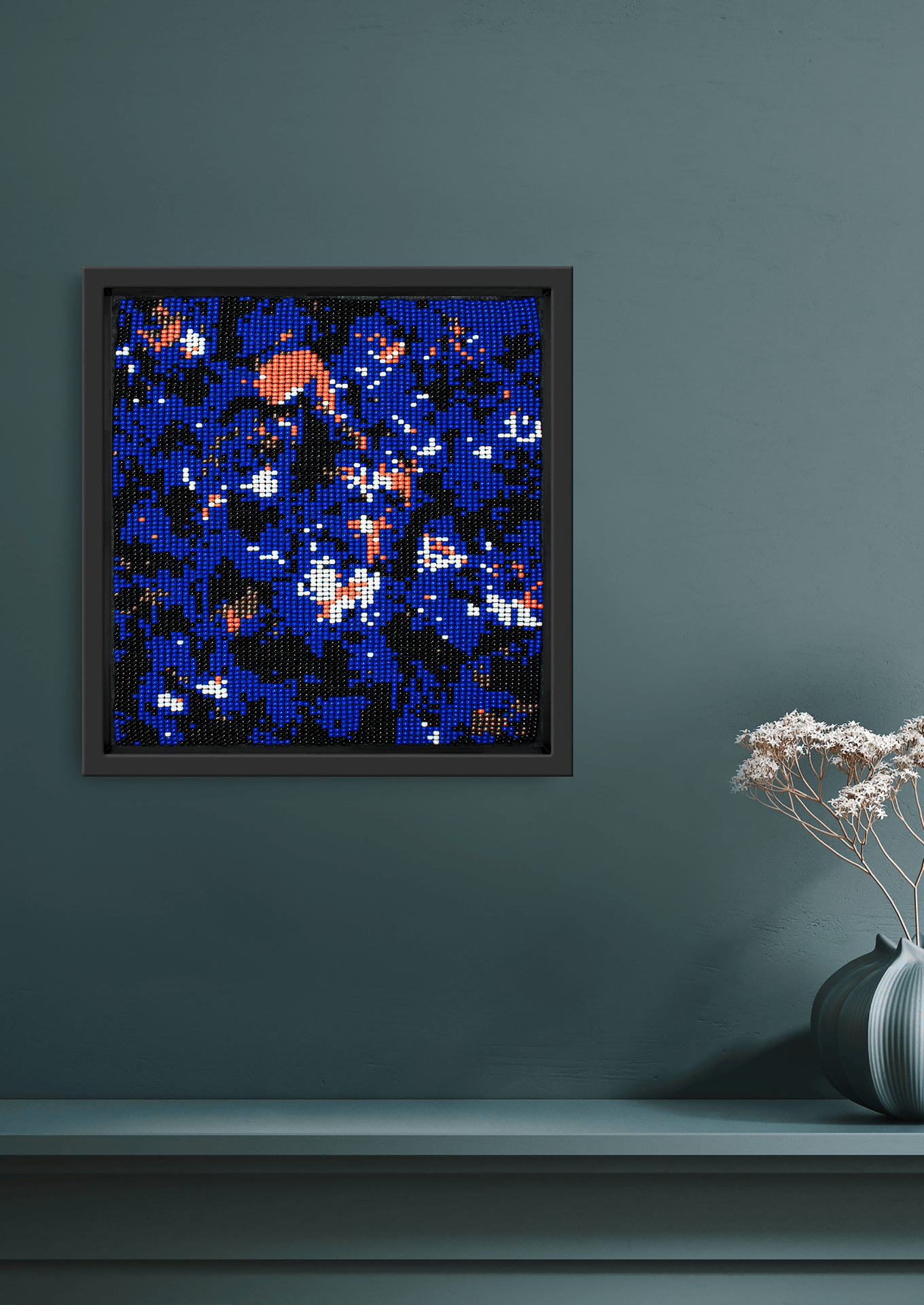 Framed blue marine-toned glass bead-loom artwork, handwoven Gujarati beadwork wall decor.