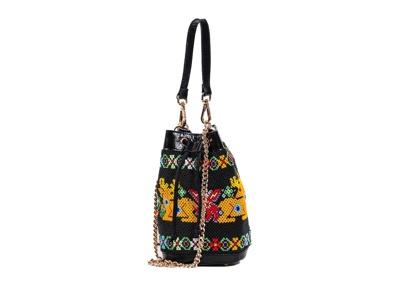 Side view of Vegan banana fiber bucket bag with Gujarati Dal Moti beadwork, sustainable Indian luxury accessory.