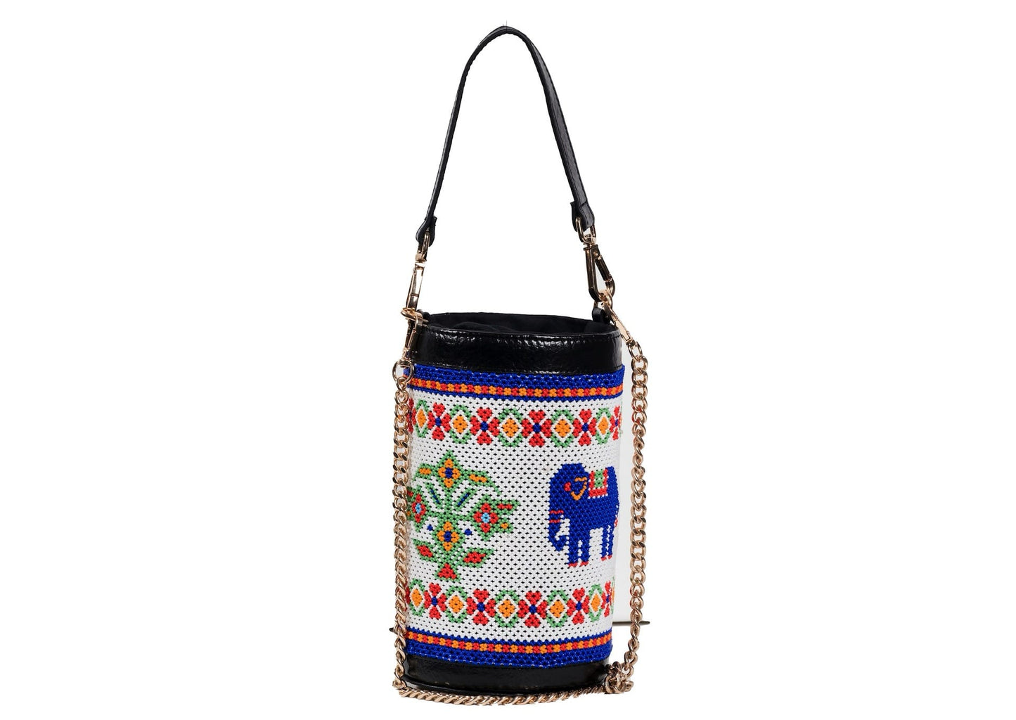 Cylindrical white beaded bag with a blue elephant motif, premium Gujarati dal-moti handicraft.