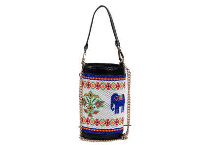 Cylindrical white beaded bag with a blue elephant motif, premium Gujarati dal-moti handicraft.