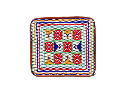 Vegan banana leather organizer with intricate floral beadwork, sustainable Indian handicraft.