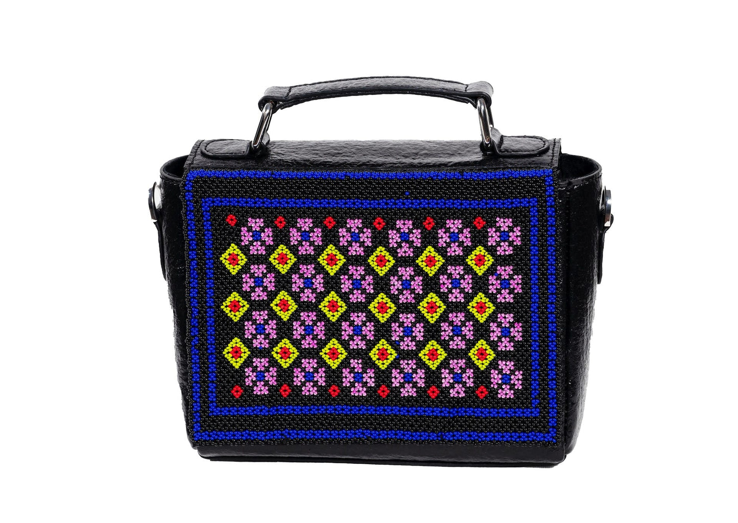 Black structured purse with colorful diamond motif beadwork, handcrafted premium Indian accessory.