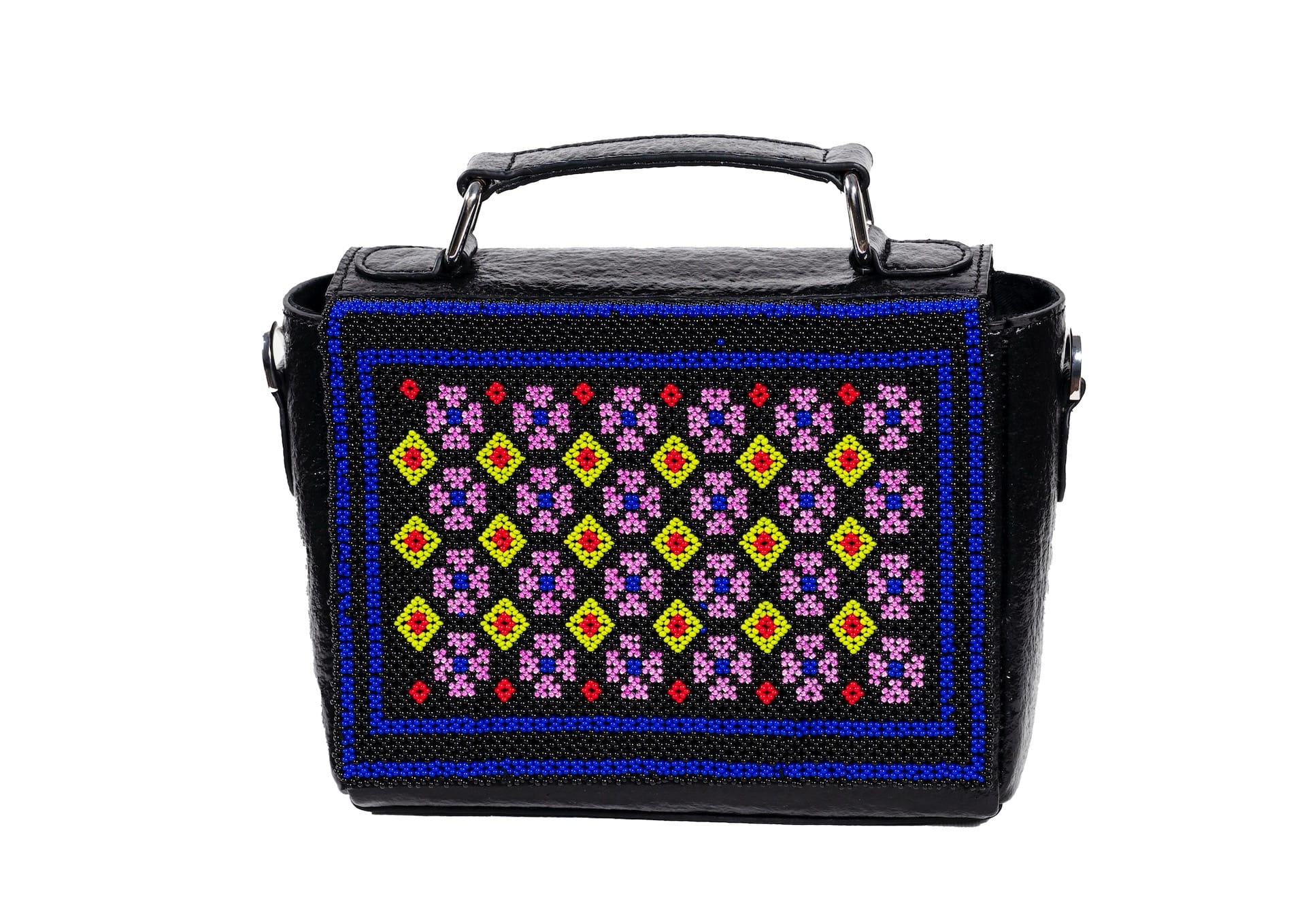 Black structured purse with colorful diamond motif beadwork, handcrafted premium Indian accessory.