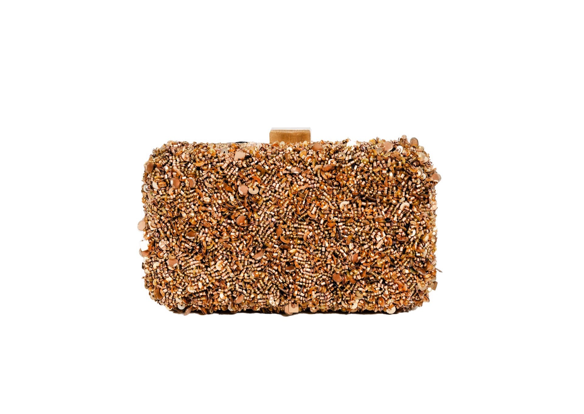 Golden beaded minimalist evening clutch, handcrafted premium Indian luxury accessory.
