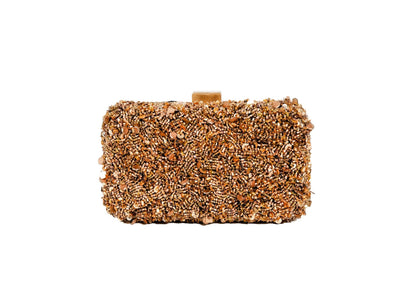 Golden beaded minimalist evening clutch, handcrafted premium Indian luxury accessory.