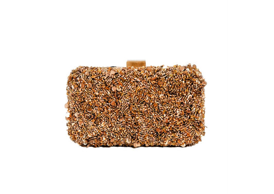 Golden beaded minimalist evening clutch, handcrafted premium Indian luxury accessory.