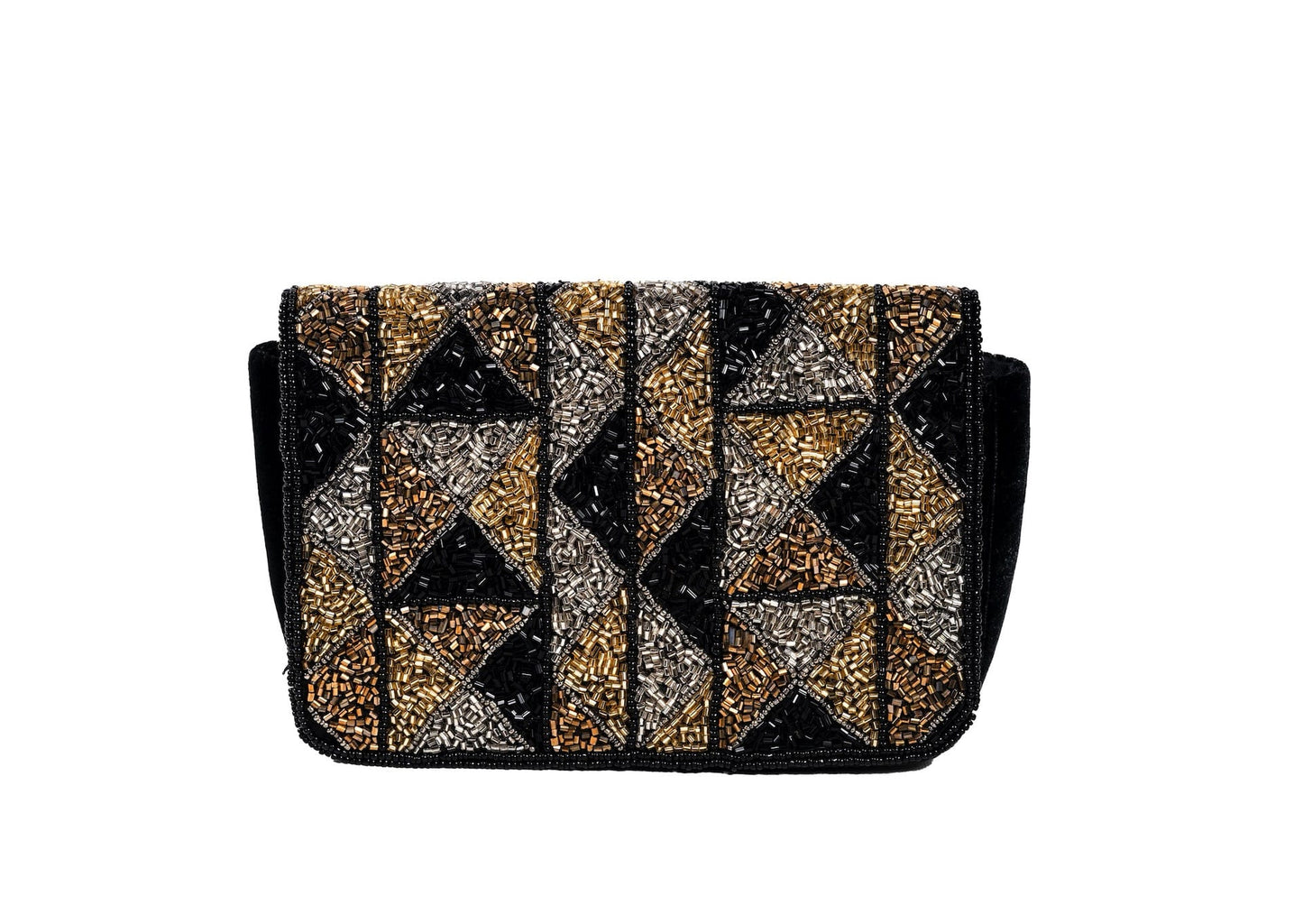 Geometric gold and silver beaded evening purse, handcrafted premium Indian luxury accessory.