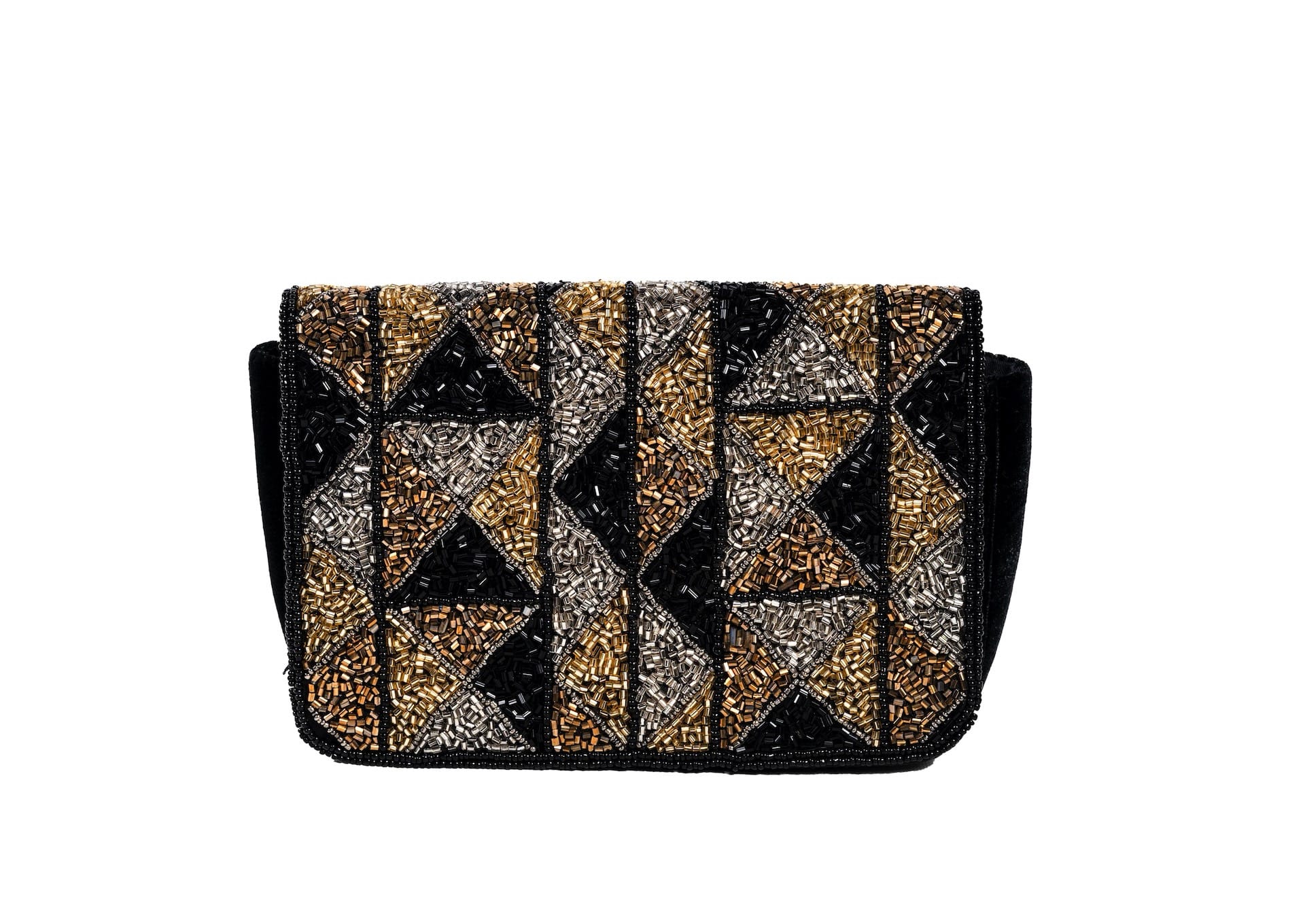 Geometric gold and silver beaded evening purse, handcrafted premium Indian luxury accessory.