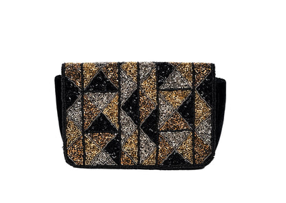 Geometric gold and silver beaded evening purse, handcrafted premium Indian luxury accessory.