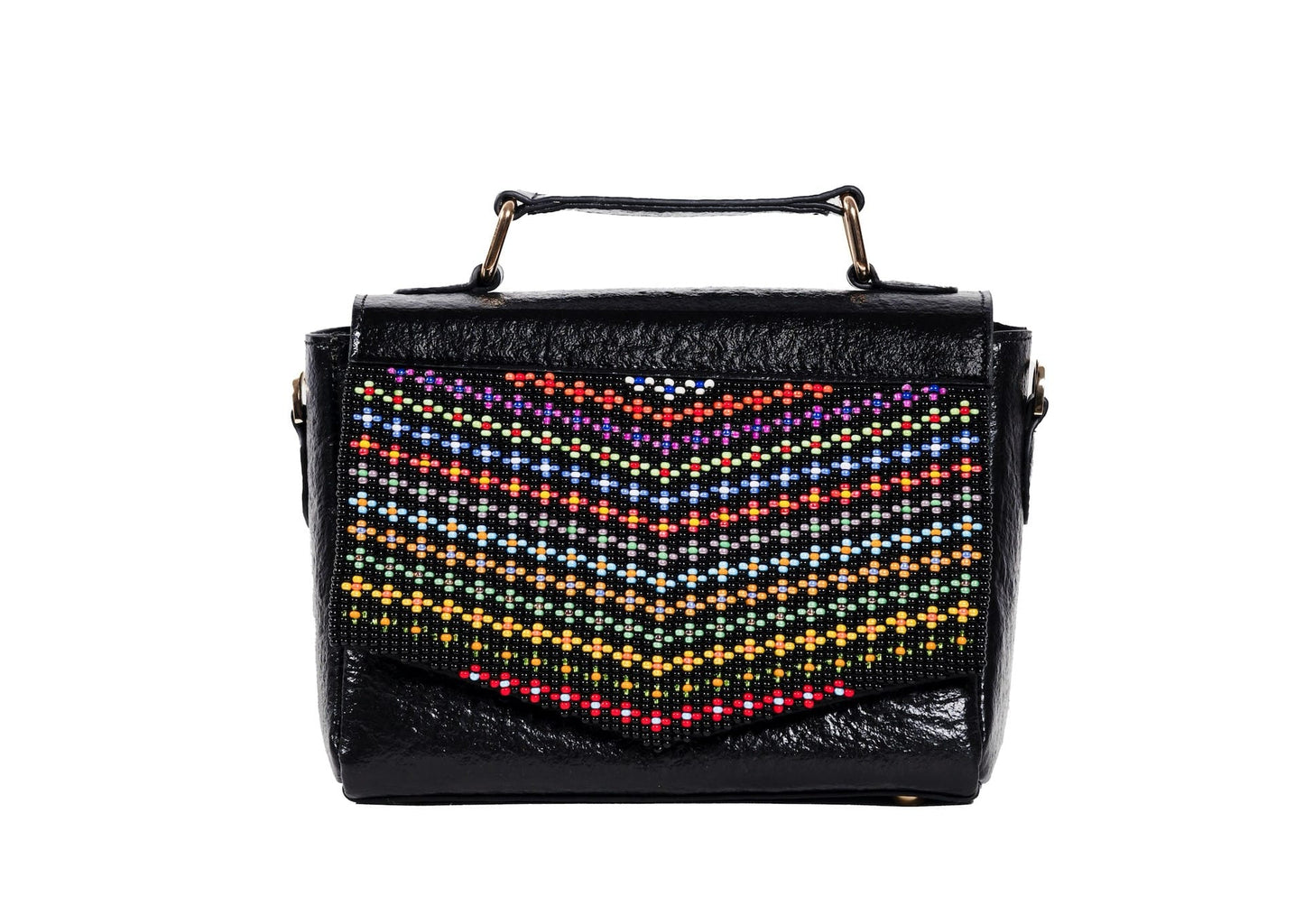 Black structured purse with rainbow chevron glass beadwork, handcrafted premium Indian accessory.