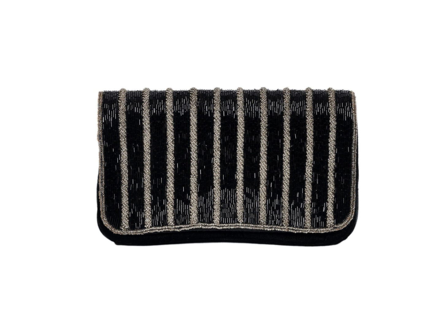 Black evening purse with silver wave pattern beadwork, premium Indian handcrafted accessory.
