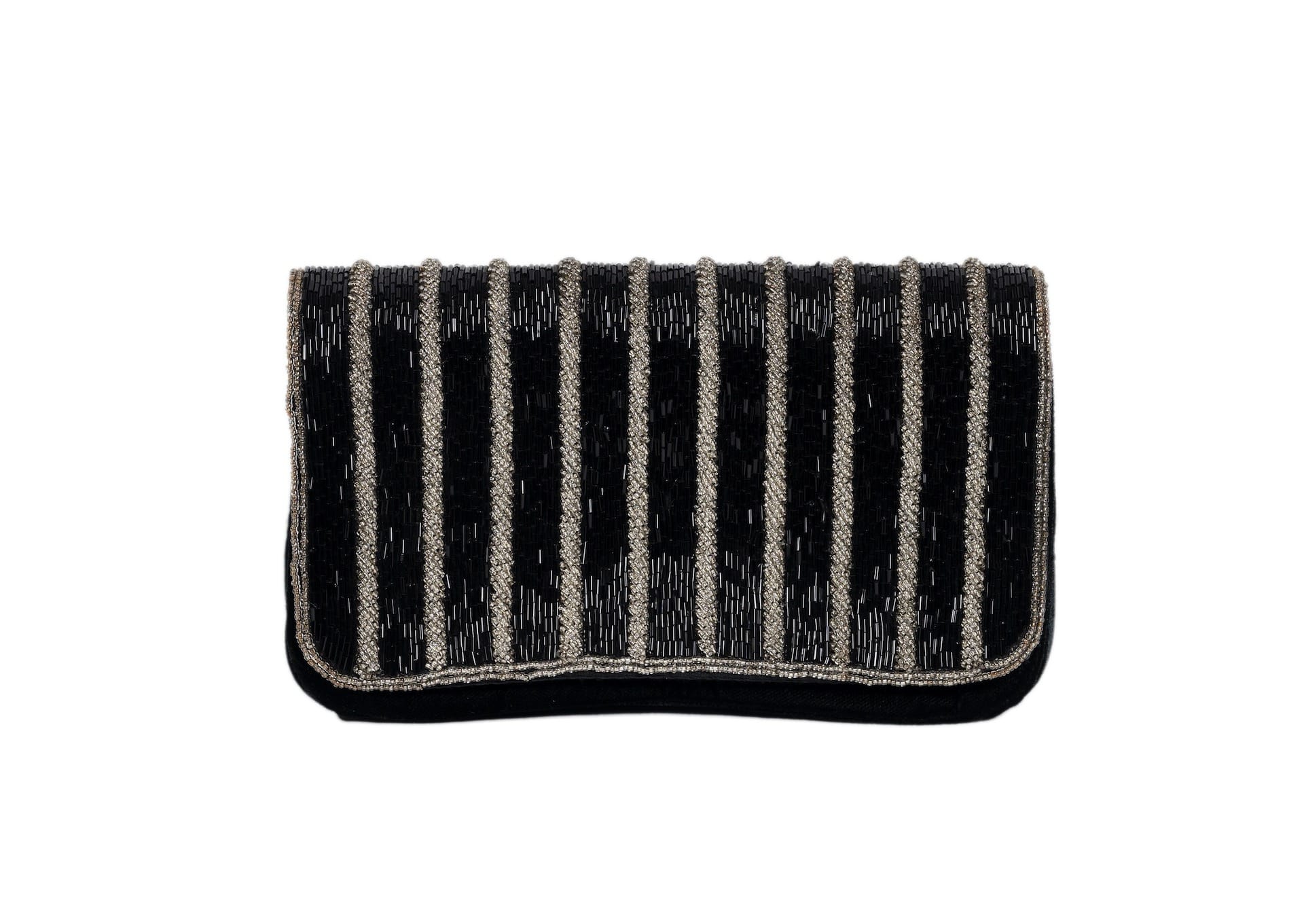 Black evening purse with silver wave pattern beadwork, premium Indian handcrafted accessory.