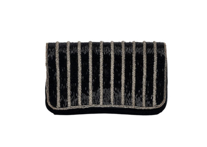 Black evening purse with silver wave pattern beadwork, premium Indian handcrafted accessory.