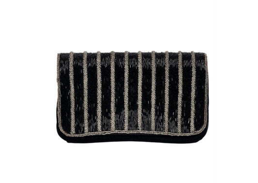Black evening purse with silver wave pattern beadwork, premium Indian handcrafted accessory.