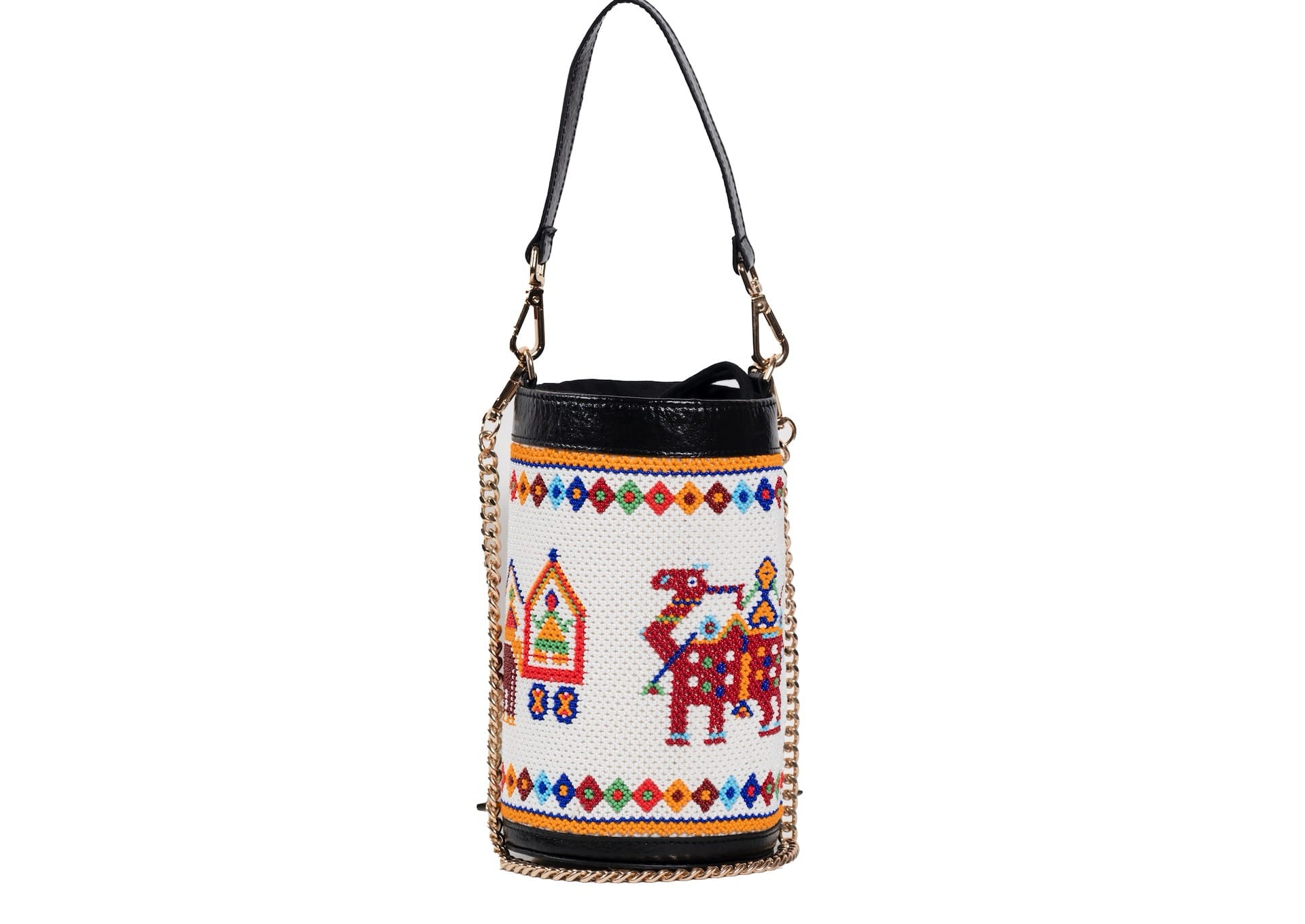 Cylindrical white beaded bag with red and blue palace motifs, Gujarati dal-moti handicraft.