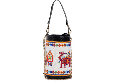 Cylindrical white beaded bag with red and blue palace motifs, Gujarati dal-moti handicraft.