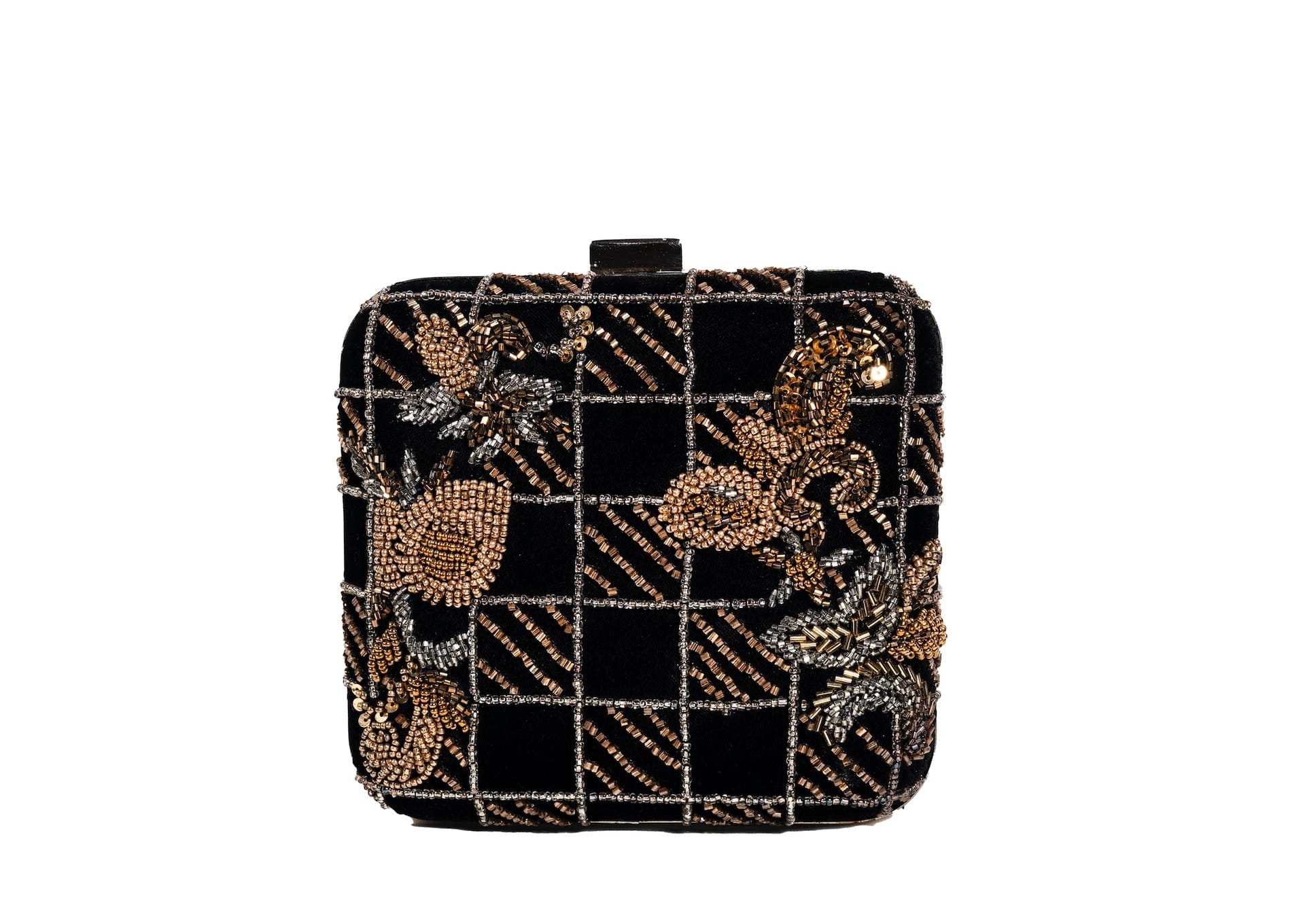 Black and gold checkerboard beaded evening clutch, handcrafted premium Indian luxury accessory.