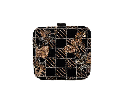 Black and gold checkerboard beaded evening clutch, handcrafted premium Indian luxury accessory.