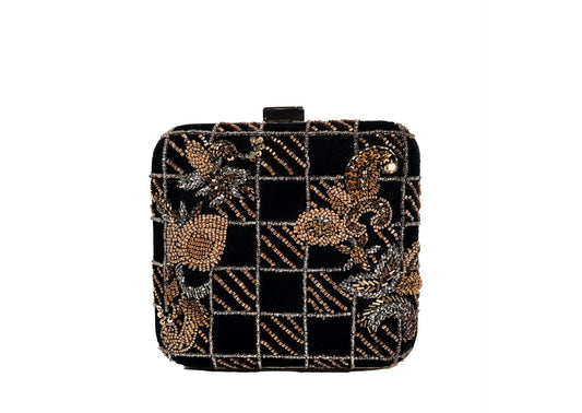 Black and gold checkerboard beaded evening clutch, handcrafted premium Indian luxury accessory.