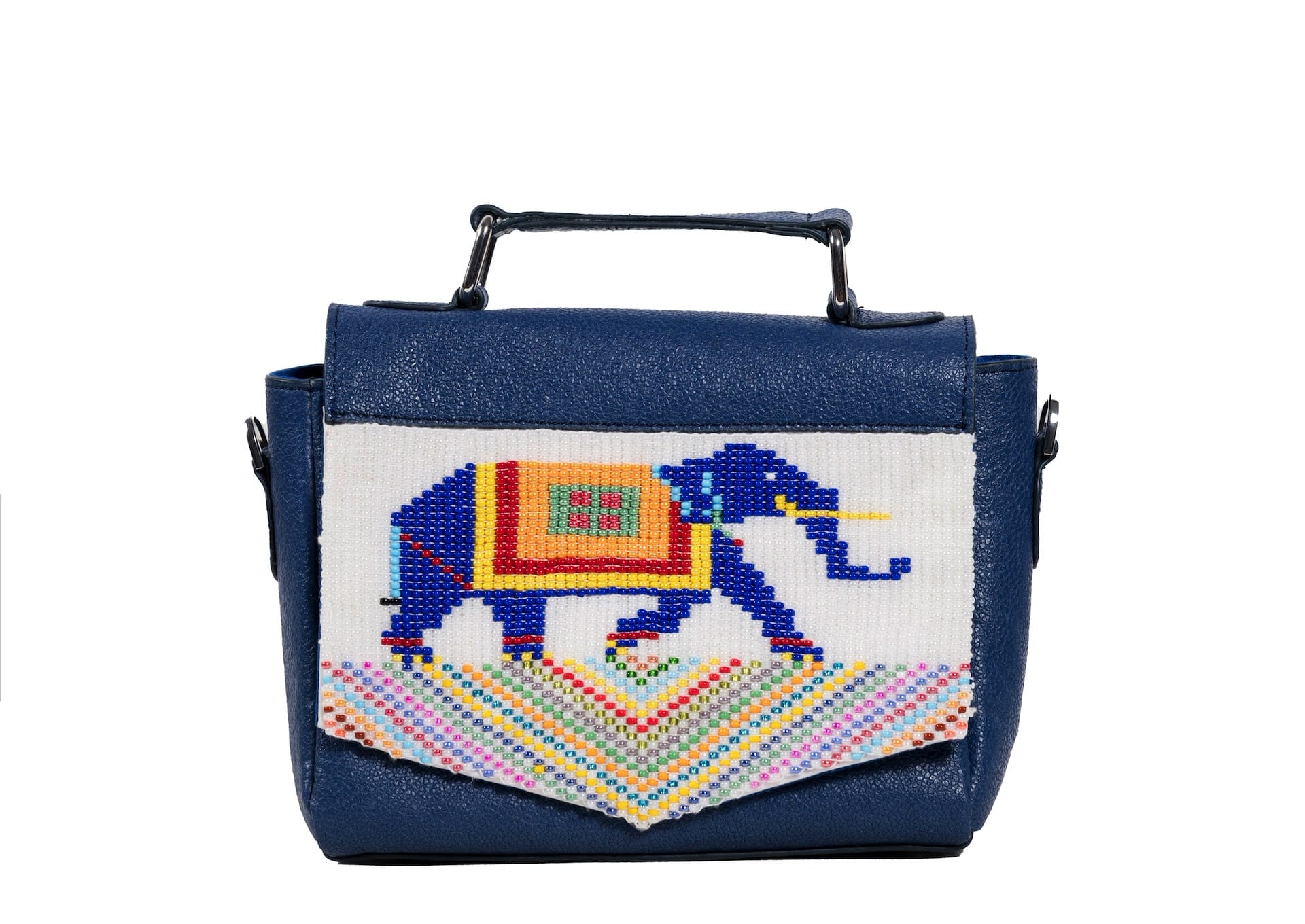 Navy blue leather purse with traditional elephant beadwork, handcrafted premium Indian accessory.