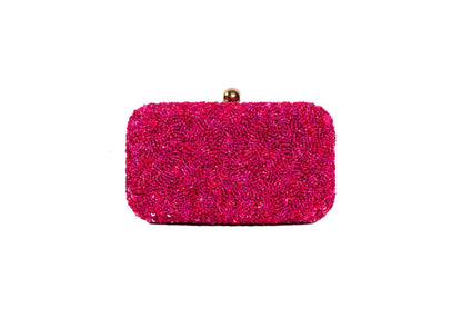 Vibrant fuchsia pink beaded evening clutch, handcrafted premium Indian luxury accessory.