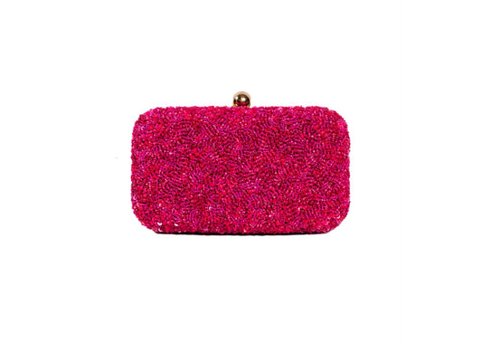 Vibrant fuchsia pink beaded evening clutch, handcrafted premium Indian luxury accessory.