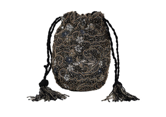 Elongated silver beaded evening purse with tassels, handcrafted premium Indian accessory.