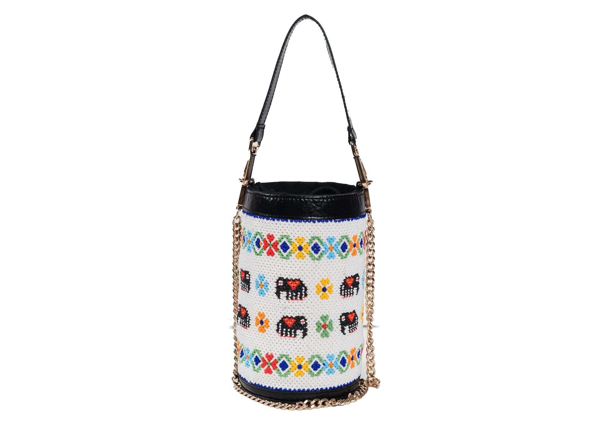 White cylindrical bag with blue elephant beadwork, premium Gujarati artisanal accessory.