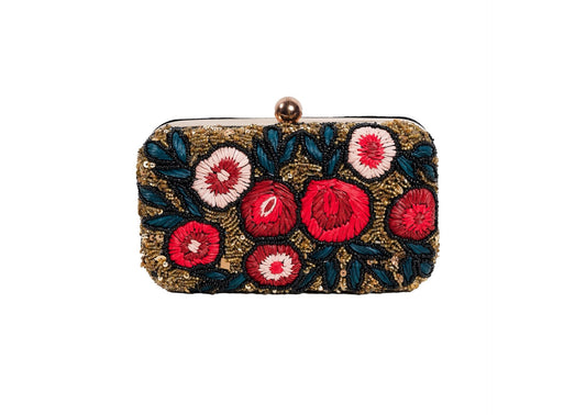 Black evening clutch with crimson rose floral beadwork, premium Indian handcrafted accessory.