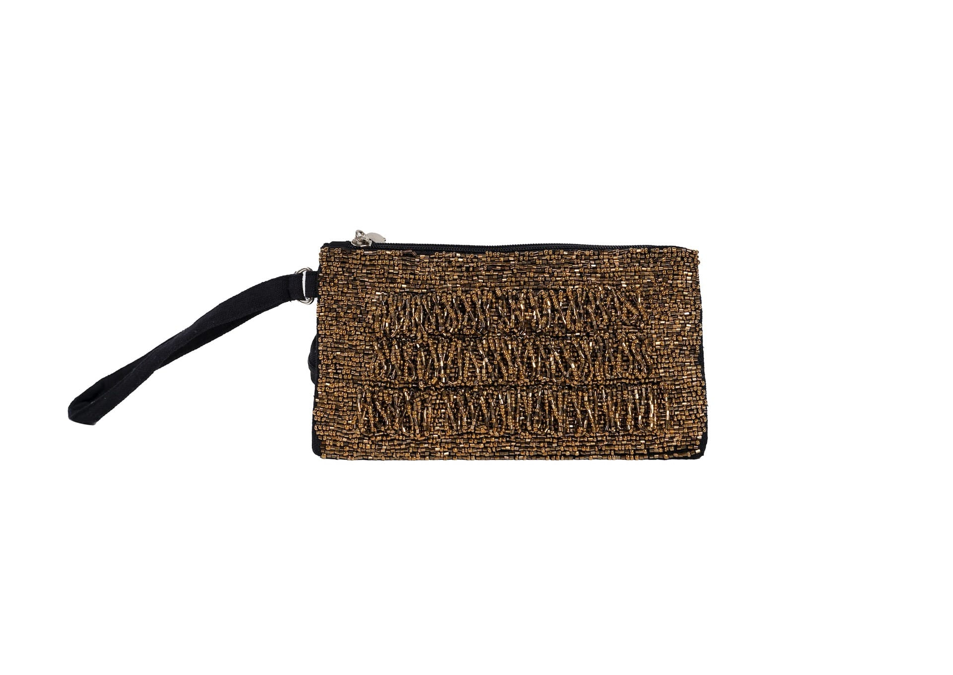 Golden beaded coin pouch with wrist strap, handcrafted premium Indian luxury accessory.