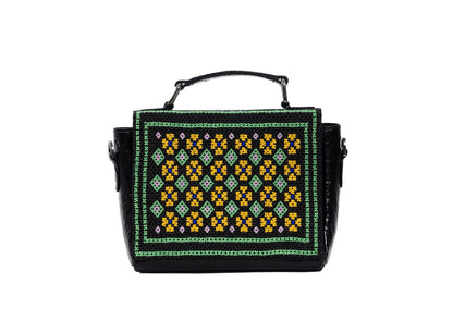 Vegan banana leather purse with yellow and green diamond beadwork, premium Indian accessory.