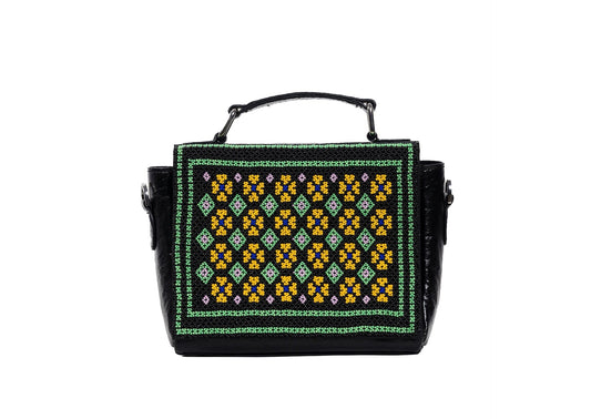 Vegan banana leather purse with yellow and green diamond beadwork, premium Indian accessory.