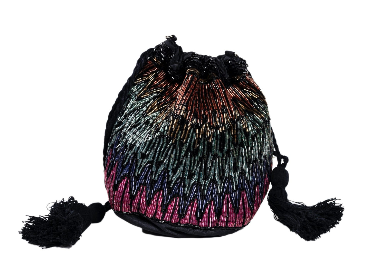Iridescent beaded evening bag with tassels, handcrafted premium Indian luxury accessory.
