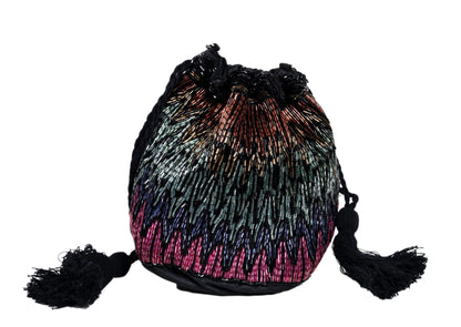 Iridescent beaded evening bag with tassels, handcrafted premium Indian luxury accessory.