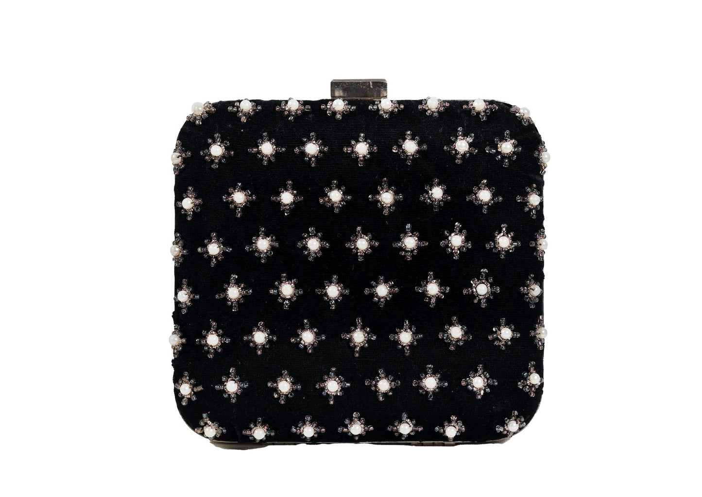 Black fabric evening clutch with metallic star beadwork, handcrafted premium Indian accessory.
