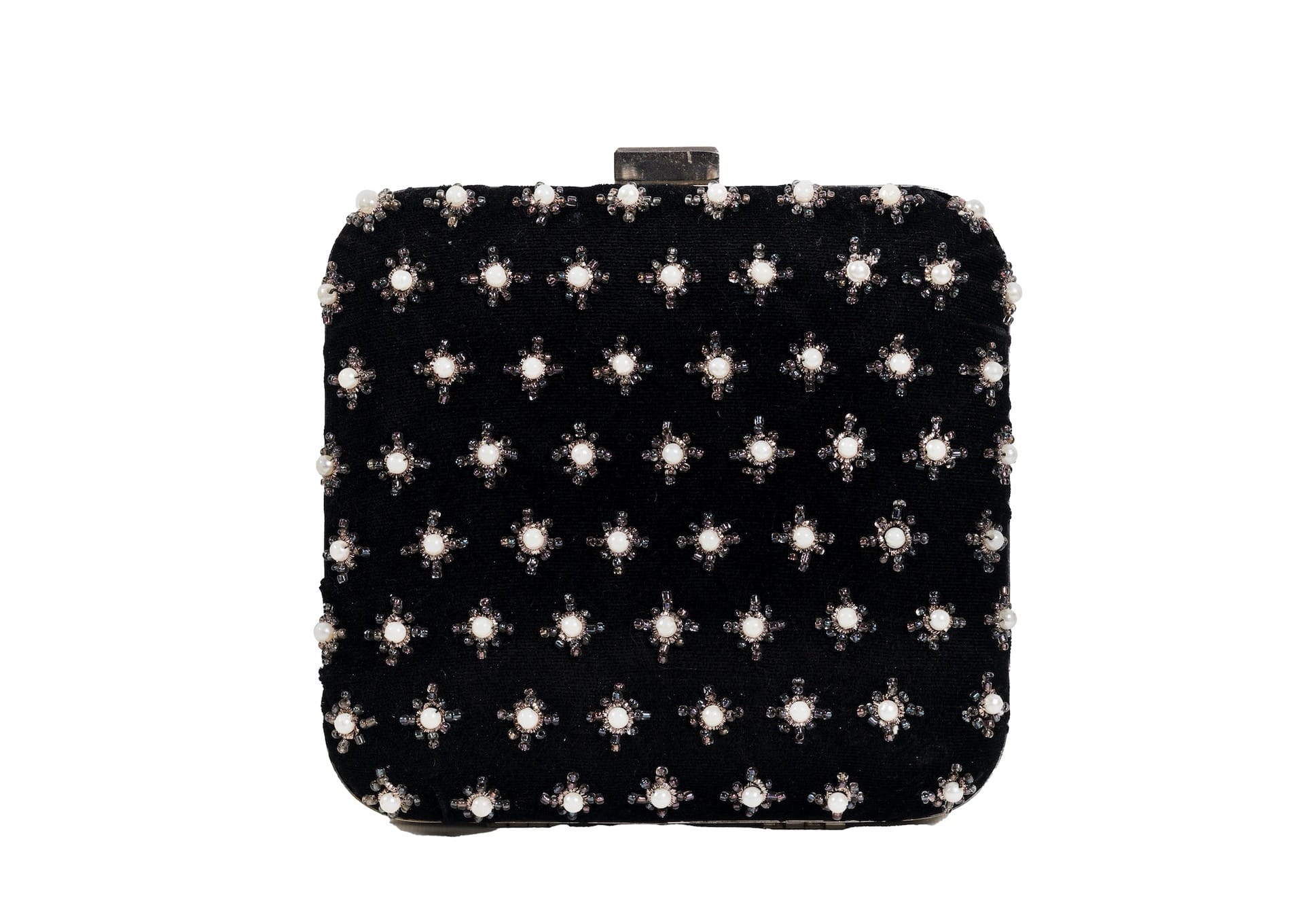 Black fabric evening clutch with metallic star beadwork, handcrafted premium Indian accessory.