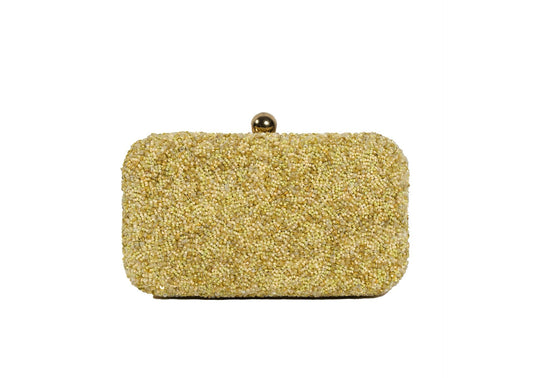 Brilliant yellow beaded day clutch, handcrafted premium Indian luxury accessory.