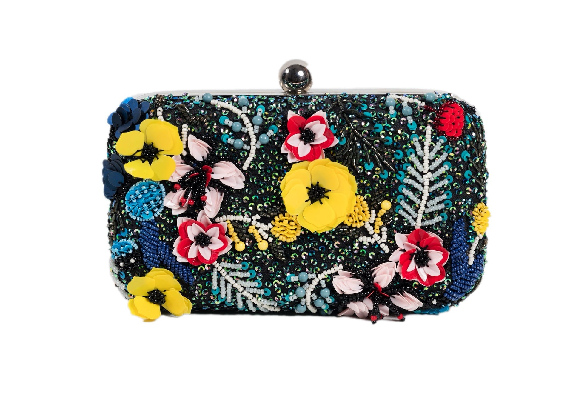 Deep teal evening clutch with vibrant wildflower beadwork, premium Indian handcrafted accessory.