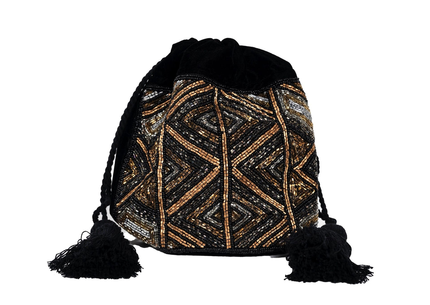Golden geometric hand-beaded evening bag with black tassels, premium Indian luxury accessory.