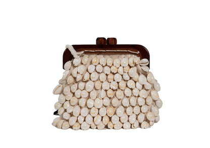 Ivory mother-of-pearl shell beaded day bag, handcrafted premium Indian luxury accessory.