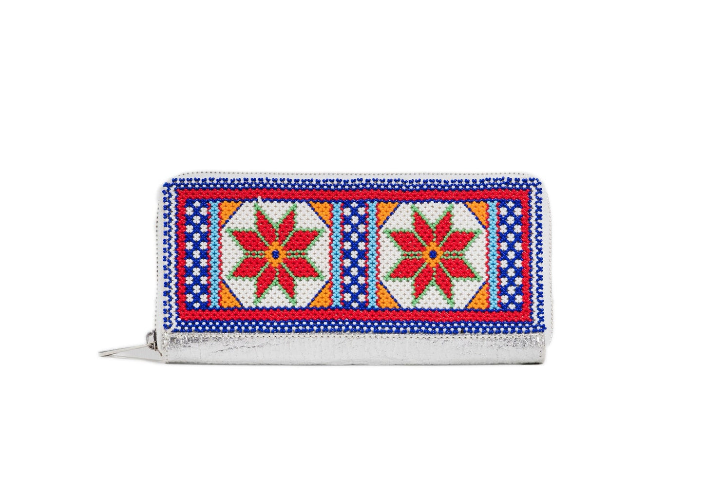 Handcrafted Gujarati silver beadwork wallet with red star motifs, premium Indian accessory.