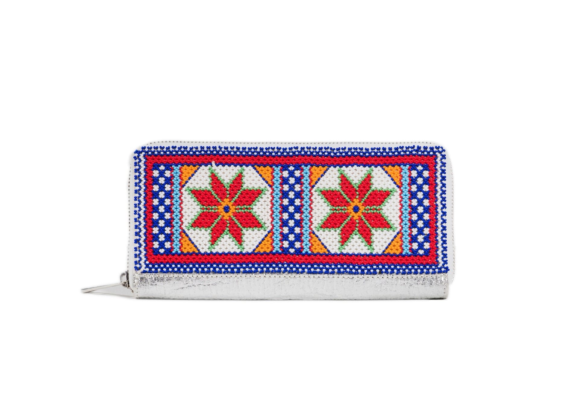 Handcrafted Gujarati silver beadwork wallet with red star motifs, premium Indian accessory.