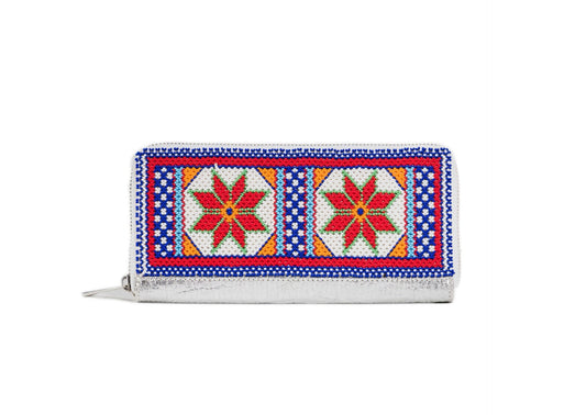 Handcrafted Gujarati silver beadwork wallet with red star motifs, premium Indian accessory.