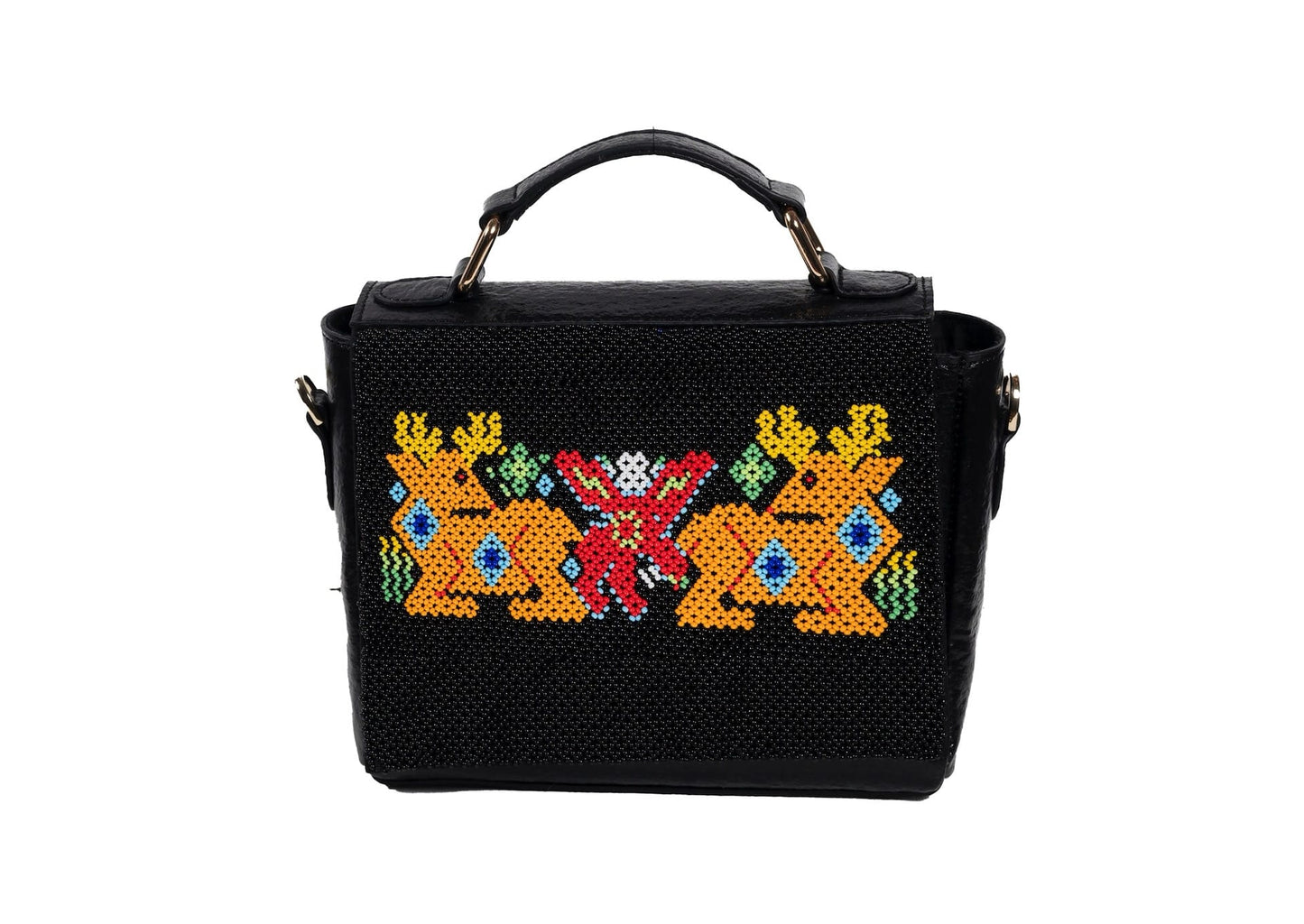 Vegan black banana leather purse with yellow deer beadwork, handcrafted premium Indian accessory.