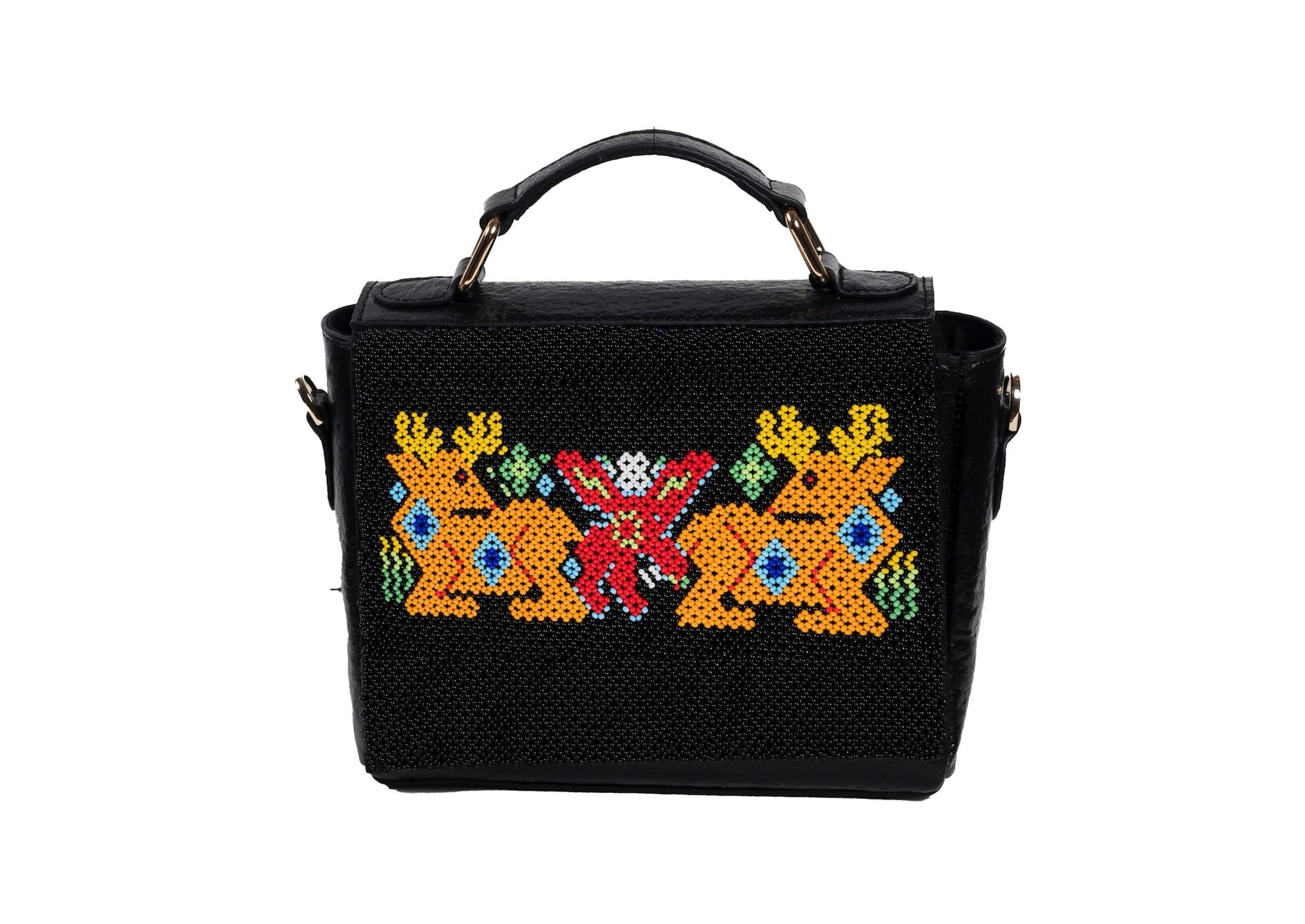 Vegan black banana leather purse with yellow deer beadwork, handcrafted premium Indian accessory.