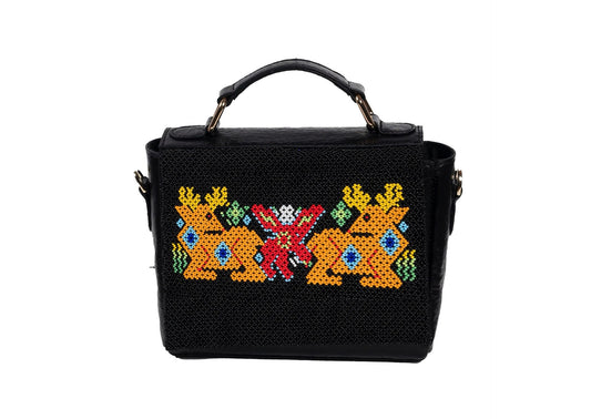 Vegan black banana leather purse with yellow deer beadwork, handcrafted premium Indian accessory.