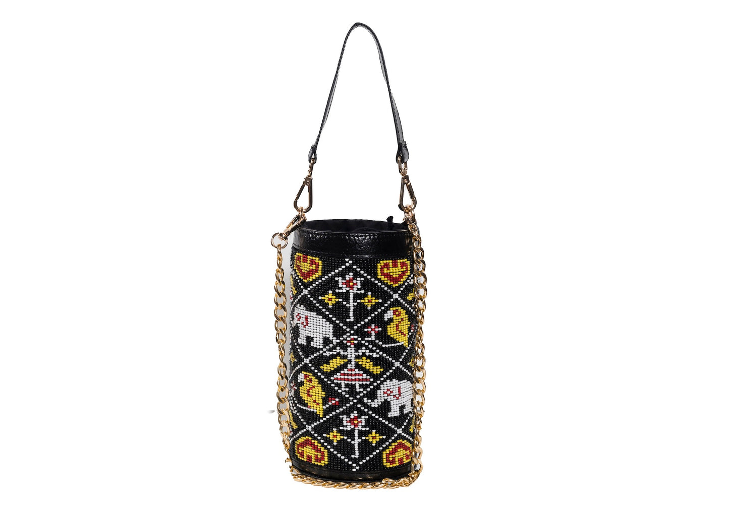 Vegan banana fiber bucket bag with intricate Gujarati beadwork, handcrafted premium Indian accessory.